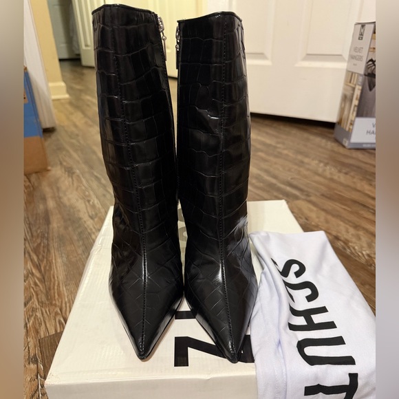 SCHUTZ Glossy Black Croc-Embossed Heeled Boots - Picture 3 of 4